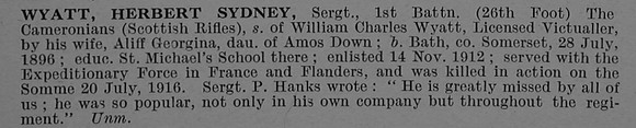 Wyatt H S Sergt MM 10651 1st Cameronians (Scottish Rifles) Obit De Ruvignys Roll Of Honour Vol 4
