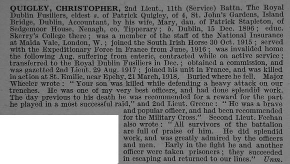 Quigley C 2nd Lt 11th Attd 2nd Royal Dublin Fusiliers Obit De Ruvignys Roll Of Honour Vol 4
