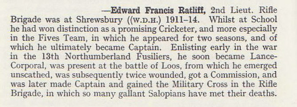 Ratliff E F 2nd Lt MC 6th Attd 2nd Rifle Brigade Obituary Shrewsbury School Roll Of Service 1914-1918 1921