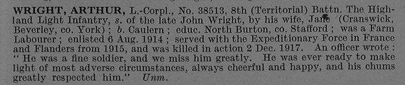 Wright A L/Cpl 38513 8th Highland Light Infantry Obit De Ruvignys Roll Of Honour Vol 4
