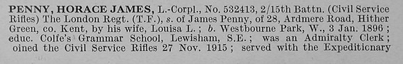 Penny H J L/Cpl 532413 15th London Regiment Obit Part 1 De Ruvignys Roll Of Honour Vol 4
