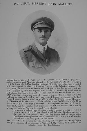 Mallett H J 2nd Lt 15th London Regiment Northern Assurance Co War Record