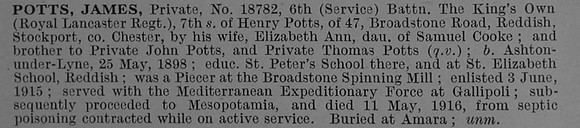 Potts J Pte 18782 6th Kings Own Royal Lancaster Regiment Obit De Ruvignys Roll Of Honour Vol 4
