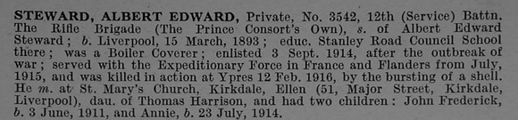 Steward A E Pte 3542 12th Rifle Brigade Obit De Ruvignys Roll Of Honour Vol 4