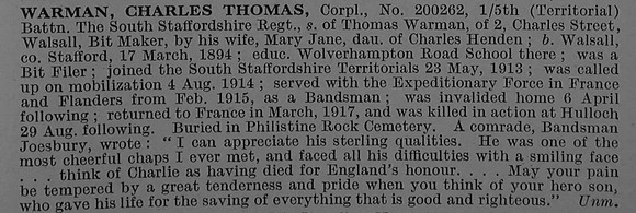 Warman C T Cpl 200262 5th South Staffs Regiment Obit De Ruvignys Roll Of Honour Vol 4