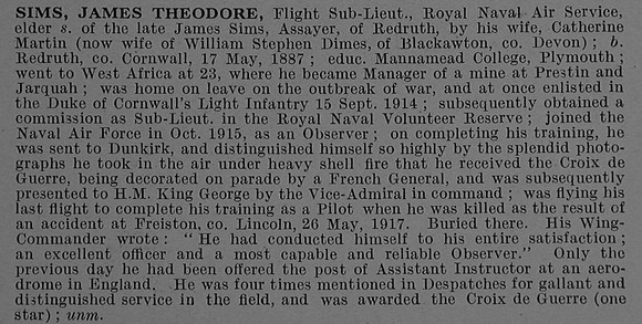 Sims J T Flt Sub Lt Royal Naval Air Service Obit De Ruvignys Roll Of Honour Vol 4