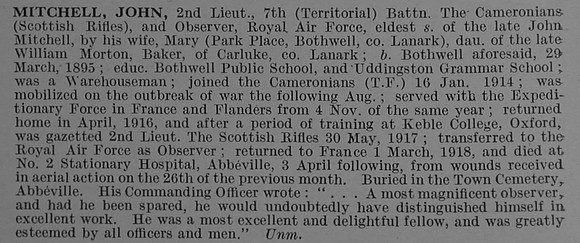 Mitchell J 2nd Lt 7th Cameronians Attd Royal Air Force Obit De Ruvignys Roll Of Honour Vol 4