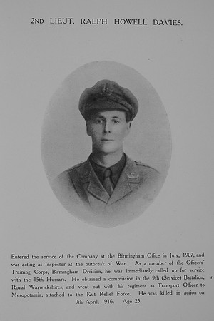 Davies R H 2nd Lt 9th Royal Warwickshire Regiment Northern Assurance Co Record Of Service