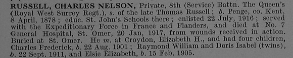 Russell C N Pte 8th Queens Royal West Surrey Regiment Obit De Ruvignys Roll Of Honour Vol 4