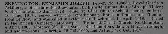 Skevington B J Dvr 193050 Royal Garrison Artillery Obit De Ruvignys Roll Of Honour Vol 4
