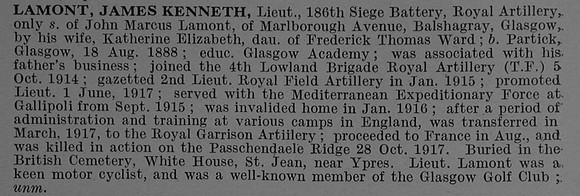 Lamont J K Lt Royal Field Artillery Obit De Ruvignys Roll Of Honour Vol 4