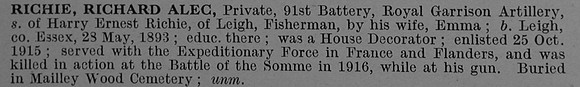 Richie R A Pte Royal Garrison Artillery Short Obit De Ruvignys Roll Of Honour Vol 4
