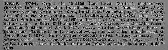 Wear T Cpl 1015169 72nd Canadian Infantry (British Columbia Regiment) Obit De Ruvignys Roll Of Honour Vol 4