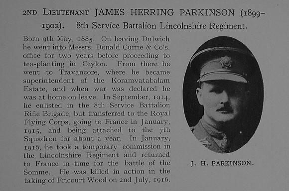 Parkinson J H 2nd Lt 8th Lincolnshire Regiment Obit Dulwich College Roll Of Honour