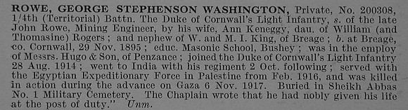 Rowe G S W Pte 200308 4th Duke Of Cornwalls Light Infantry Obit De Ruvignys Roll Of Honour Vol 4