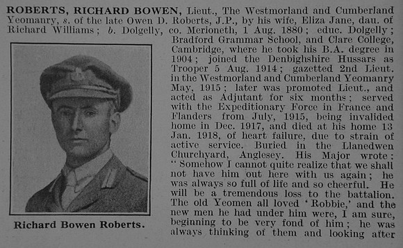 Roberts R B Lt Westmorland & Cumberland Yeomanry Obit Part 1 De Ruvignys Roll Of Honour Vol 3