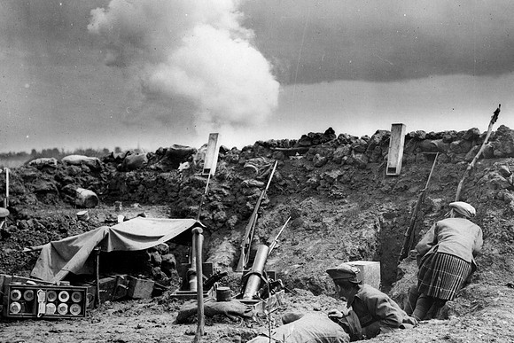 Seaforth Highlanders Bomb Gun Section Shell bursting in front of trench St Floris France.