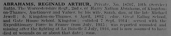 Abrahams R A Pte 18707 10th Worcestershire Regiment Obit De Ruvignys Roll Of Honour Vol 3