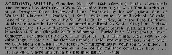 Ackroyd W Sig 682 16th West Yorkshire Regiment Obit De Ruvignys Roll Of Honour Vol 3