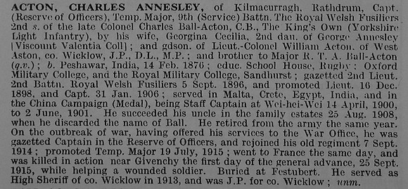 Acton C A Captain 9th Royal Welsh Fusiliers Obituary De Ruvignys Roll Of Honour Vol 3