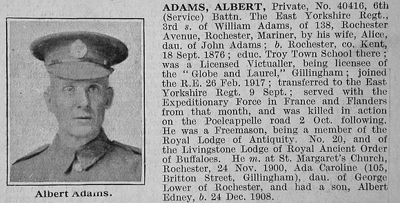 Adams A Pte 40416 6th East Yorkshire Regiment Obit De Ruvignys Roll Of Honour Vol 3