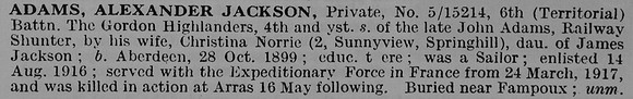 Adams A J Pte 5/15214 6th Gordon Highlanders