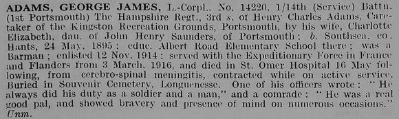 Adams G J L/Cpl 14220 14th Hampshire Regiment