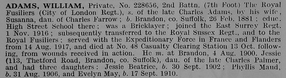 Adams W Pte 228656 2nd Royal Fusiliers