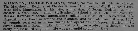 Adamson H W Pte 252015 16th Manchester Regiment Obit De Ruvignys Roll Of Honour Vol 3