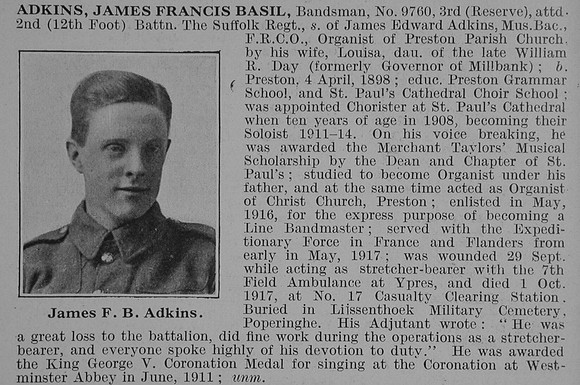 Adkins J F B Bandsman 2nd Suffolk Regiment Obit De Ruvignys Roll Of Honour Vol 3