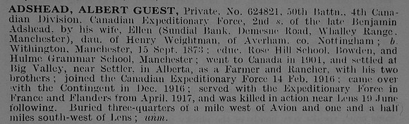Adshead A G Pte 624821 50th Canadian Infantry Obit De Ruvignys Roll Of Honour Vol 3