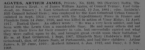 Agates A J Pte 8182 9th Royal Sussex Regiment Obit De Ruvignys Roll Of Honour Vol 3