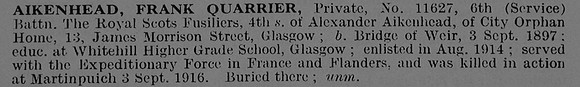 Aikenhead F Q Pte 11627 6th Royal Scots Fusiliers Obit De Ruvignys Roll Of Honour Vol 3