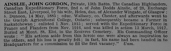 Ainslie J G Pte 13th Canadian Infantry Obit De Ruvignys Roll Of Honour Vol 3