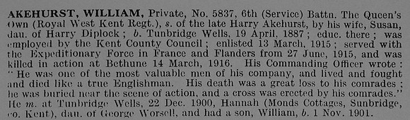 Akehurst W Pte 5837 6th Royal West Kent Regiment Obit De Ruvignys Roll Of Honour Vol 3