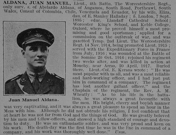 Aldana J M Lt 4th Worcestershire Regiment Obit De Ruvignys Roll Of Honour Vol 3