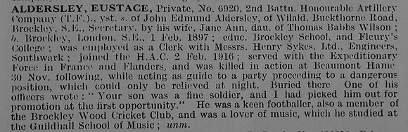 Aldersley E Pte 6920 2nd Honourable Artillery Company Obit_De Ruvignys Roll Of Honour Vol 3