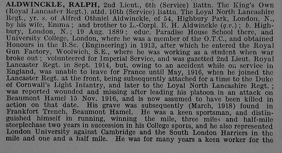 Aldwinckle R 2nd Lt 6th King's Own Obituary Part 1 De Ruvignys Roll Of Honour Vol 3