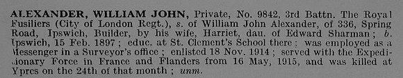 Alexander W J Pte 9842 3rd Royal Fusiliers Obituary De Ruvignys Roll Of Honour Vol 3