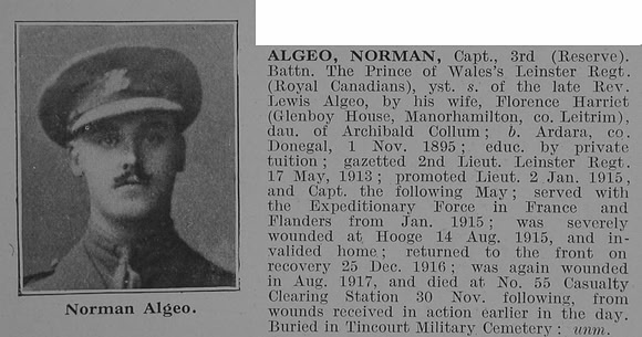 Algeo N Captain 3rd Leinster Regiment Obit De Ruvignys Roll Of Honour Vol 3