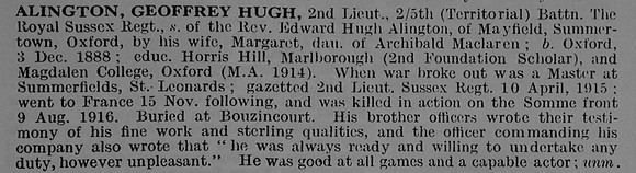 Alington G H 2nd Lt 5th Royal Sussex Regiment Obituary De Ruvignys Roll Of Honour Vol 3