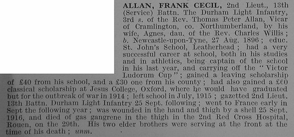 Allan F C 2nd Lt 13th Durham Light Infantry Obituary De Ruvignys Roll Of Honour Vol 3