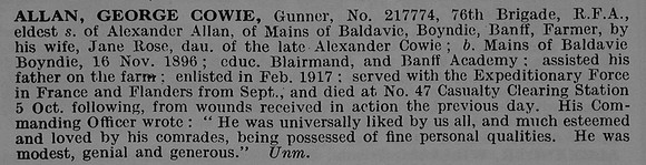 Allan G C Gnr 217774 Royal Field Artillery Obituary De Ruvignys Roll Of Honour Vol 3