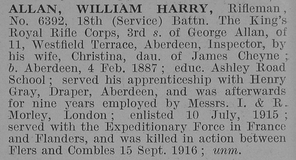 Allan W H Rfn 18th King's Royal Rifle Corps Obit De Ruvignys Roll Of Honour Vol 3