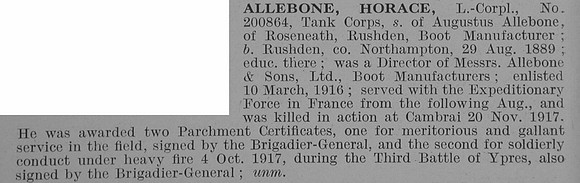 Allebone H L/Cpl Tank Corps Obit De Ruvignys Roll Of Honour Vol 3