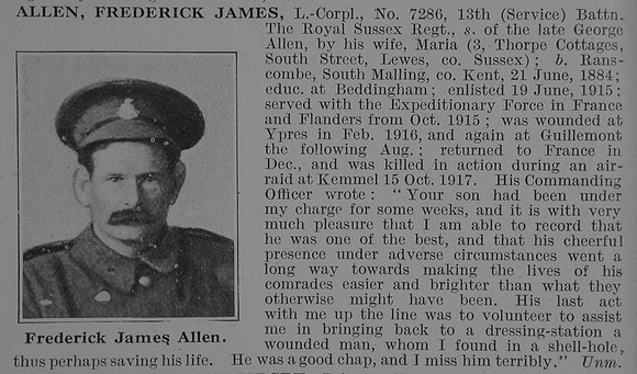 Allen F J L/Cpl 13th Royal Sussex Regiment Obit De Ruvignys Roll Of Honour Vol 3
