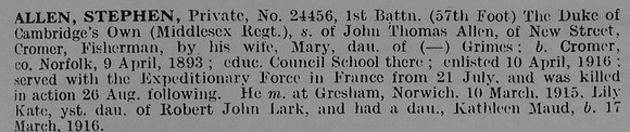 Allen S Pte 24456 1st Middlesex Regiment