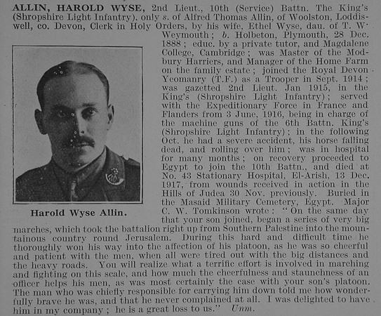 Allin H W 2nd Lt 10th Kings Shropshire Light Infantry Obit De Ruvignys Roll Of Honour Vol 3