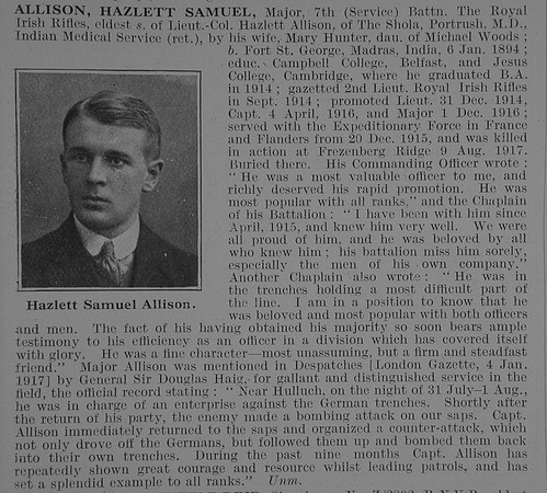 Allison H S Major 7th Royal Irish Rifles Obit De Ruvignys Roll Of Honour Vol 3