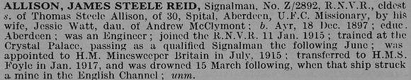 Allison J S R Sig Z/2892 HMS Foyle Royal Naval Volunteer Reserve